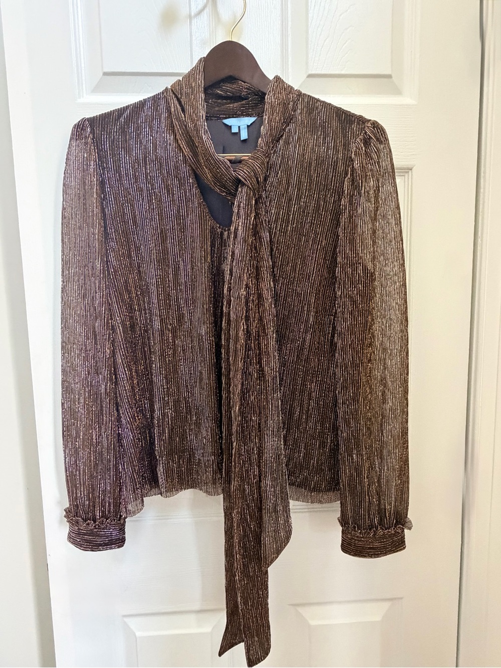 Draper James Metallic Brown Tie-Neck Pleated Blouse
